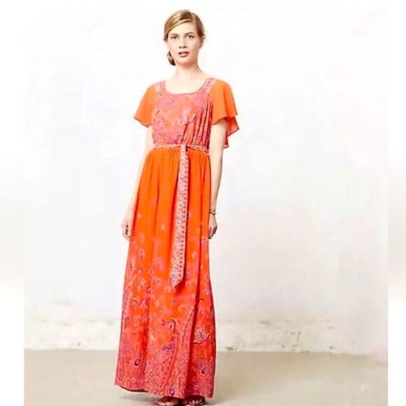 Anthropologie Maeve Blushed Paisley Maxi Dress Womens Size 0 Orange - Picture 1 of 10